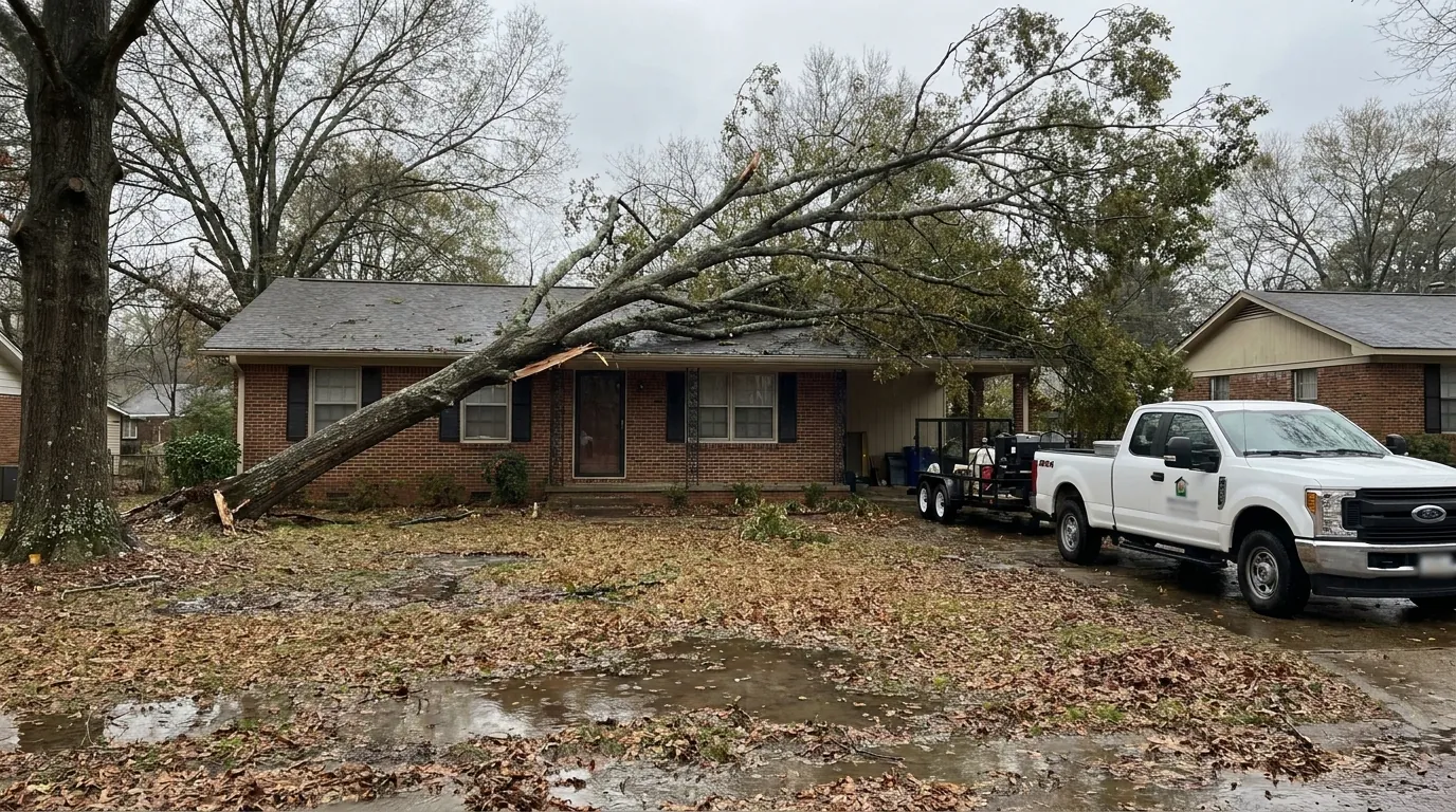 Storm-damaged tree leaning over a Huntsville home after heavy rain