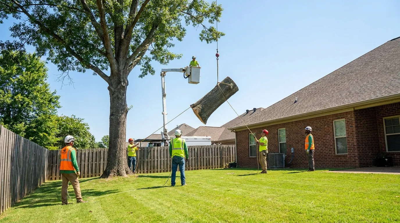 Crew removing a large hardwood tree from a Huntsville back yard