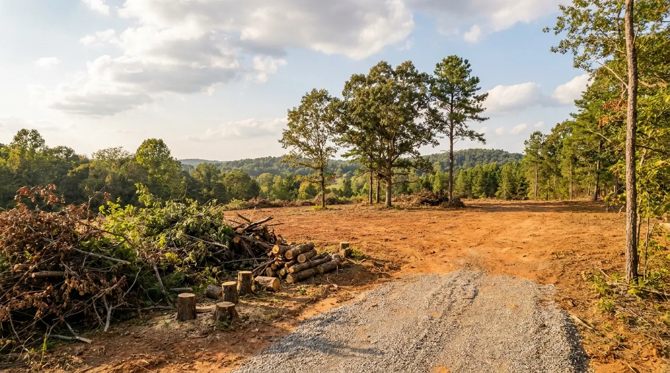 Cleared building lot with cut brush and small trees in Huntsville