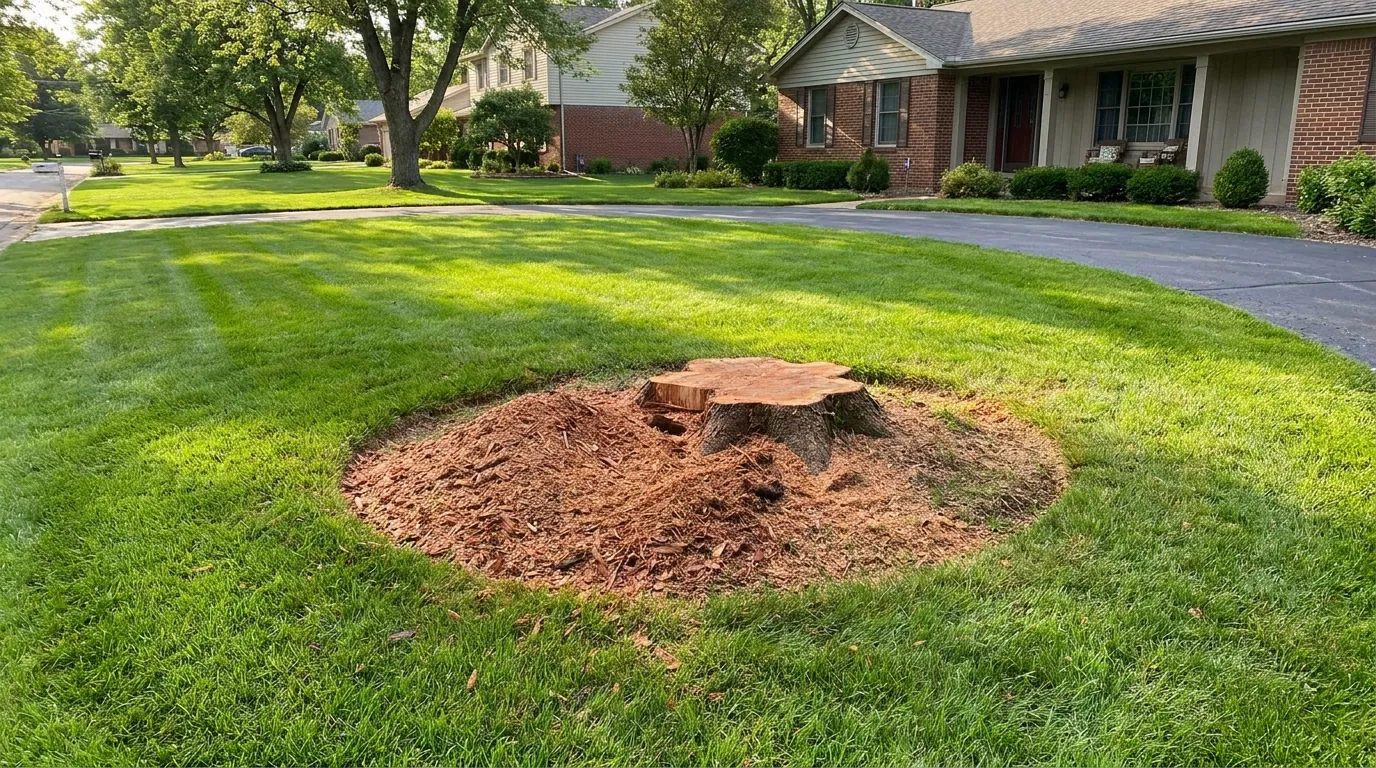 A freshly ground tree stump in a Huntsville yard