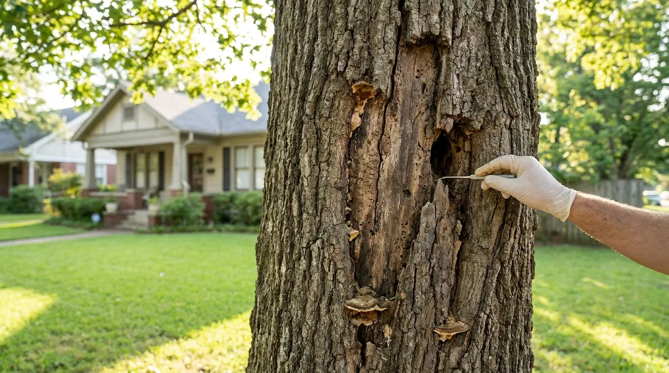 Close inspection of a mature oak trunk for decay in a Huntsville yard
