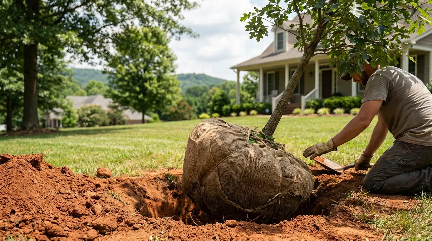 New tree being planted in prepared clay soil in a Huntsville yard
