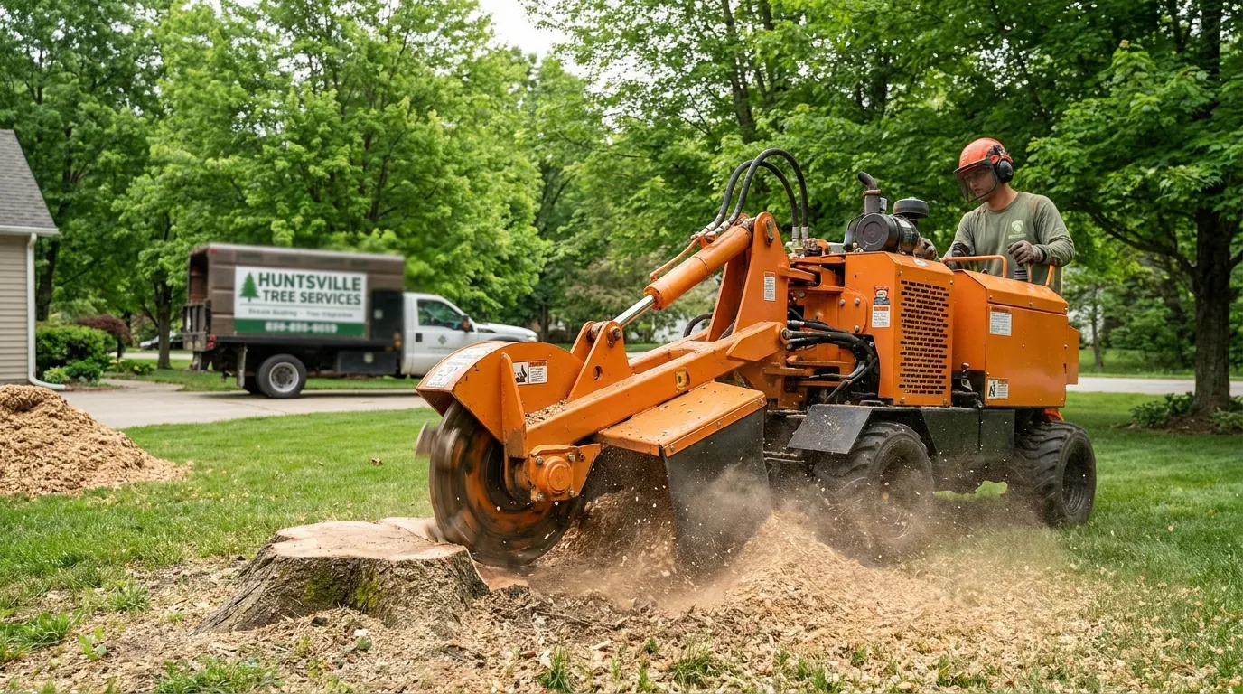 Ground-level stump being ground down after tree removal in Huntsville