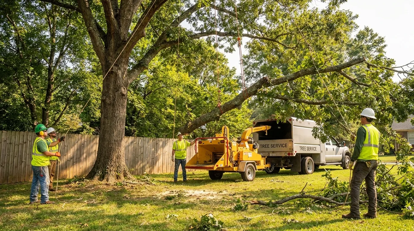 A crew removing a large hardwood tree from a Huntsville back yard