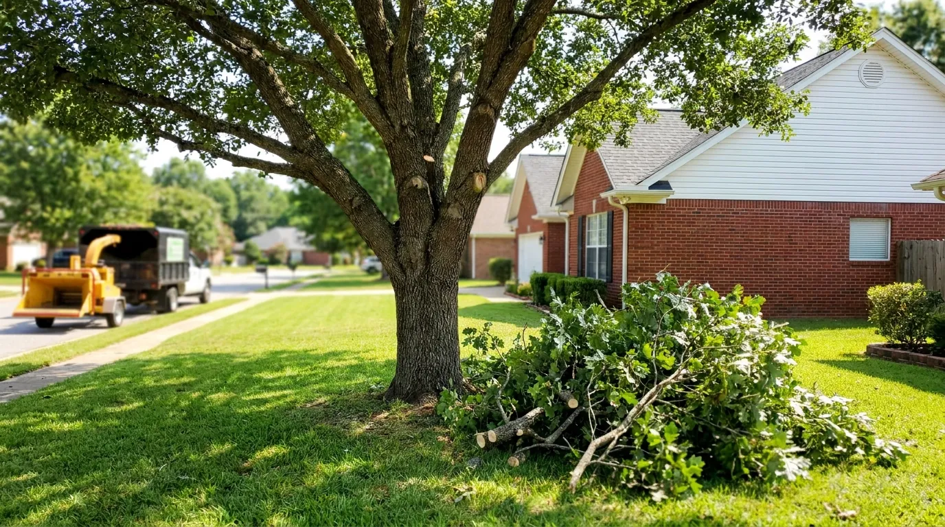 A pruned shade tree over a Huntsville front yard